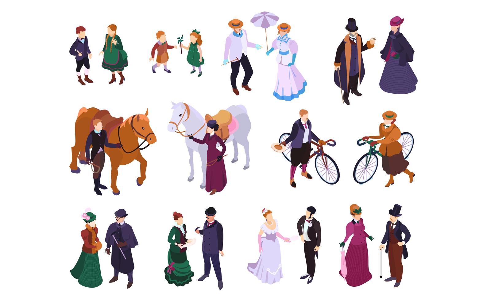 Isometric Victorian Fashion Color Set 210203212 Vector Illustration Concept