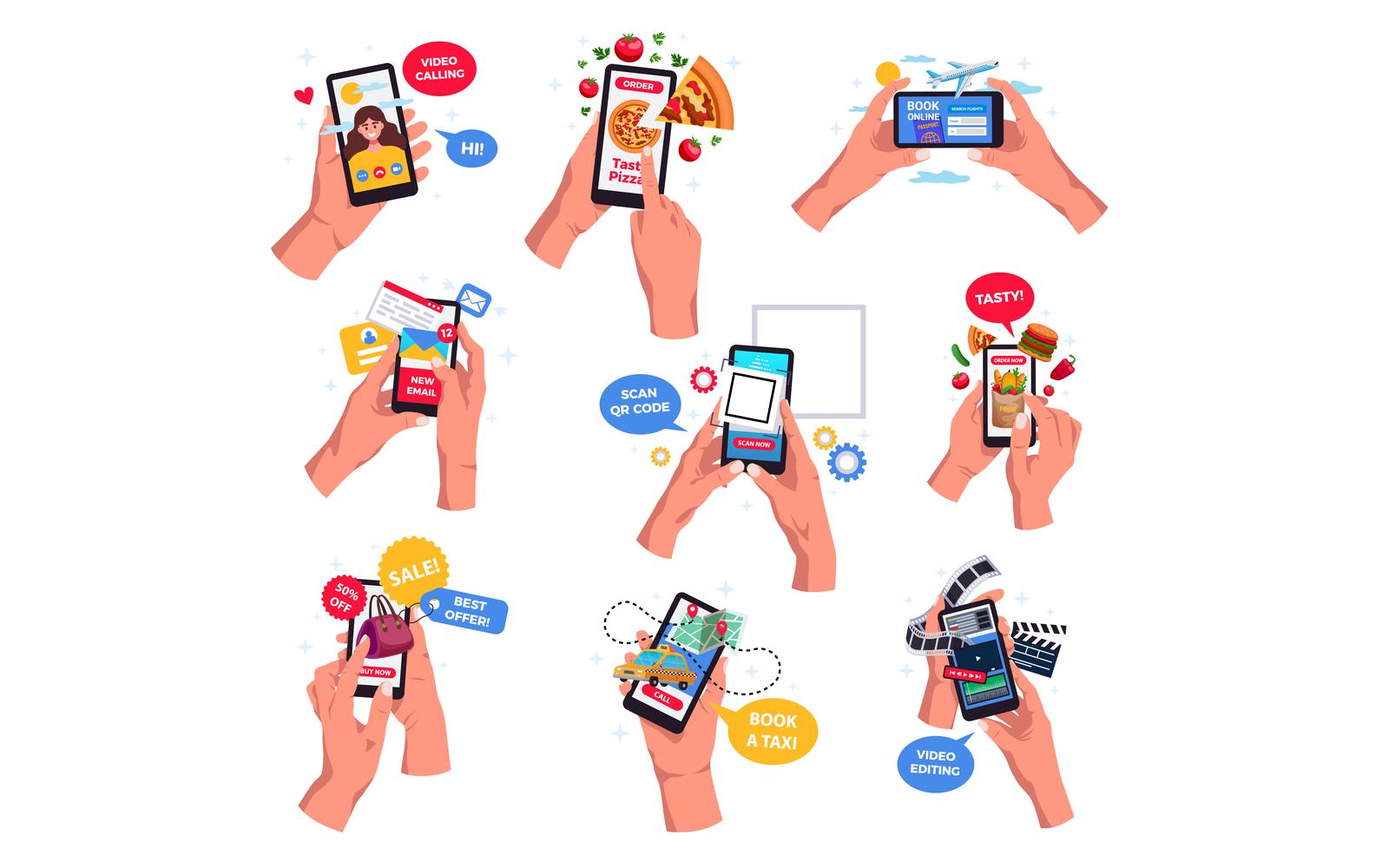 Hands Smartphones Social Networking Set-01 200900306 Vector Illustration Concept