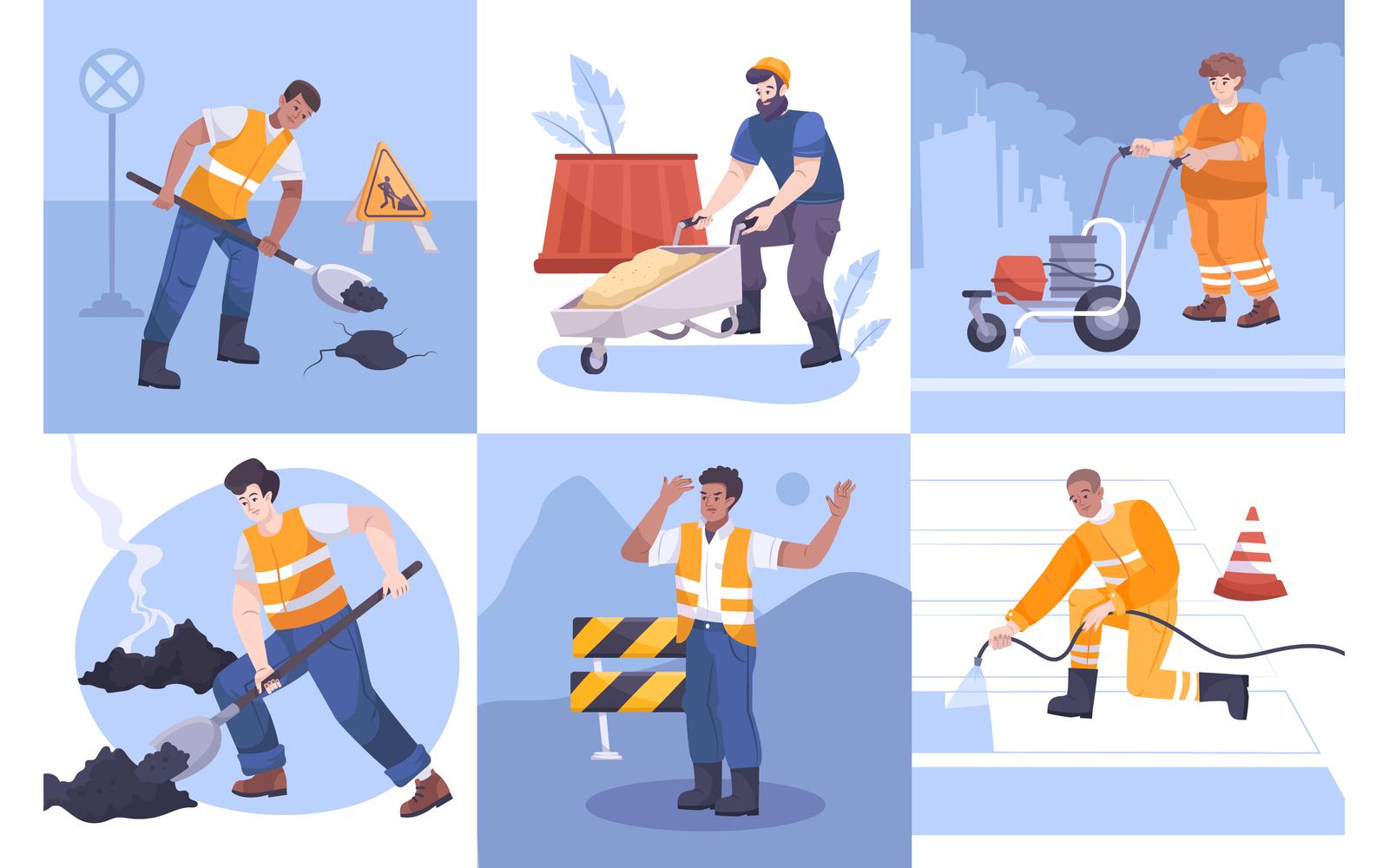 Road Repair Composition Set Flat 201150741 Vector Illustration Concept