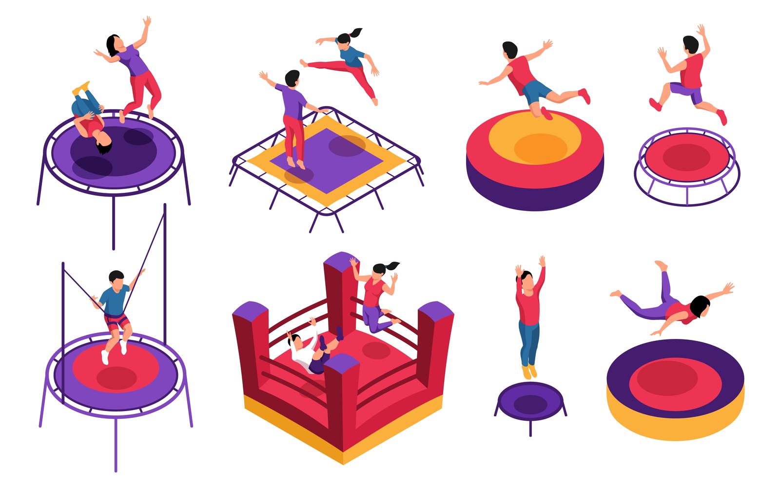 Isometric Trampoline Jumping Set 201210522 Vector Illustration Concept