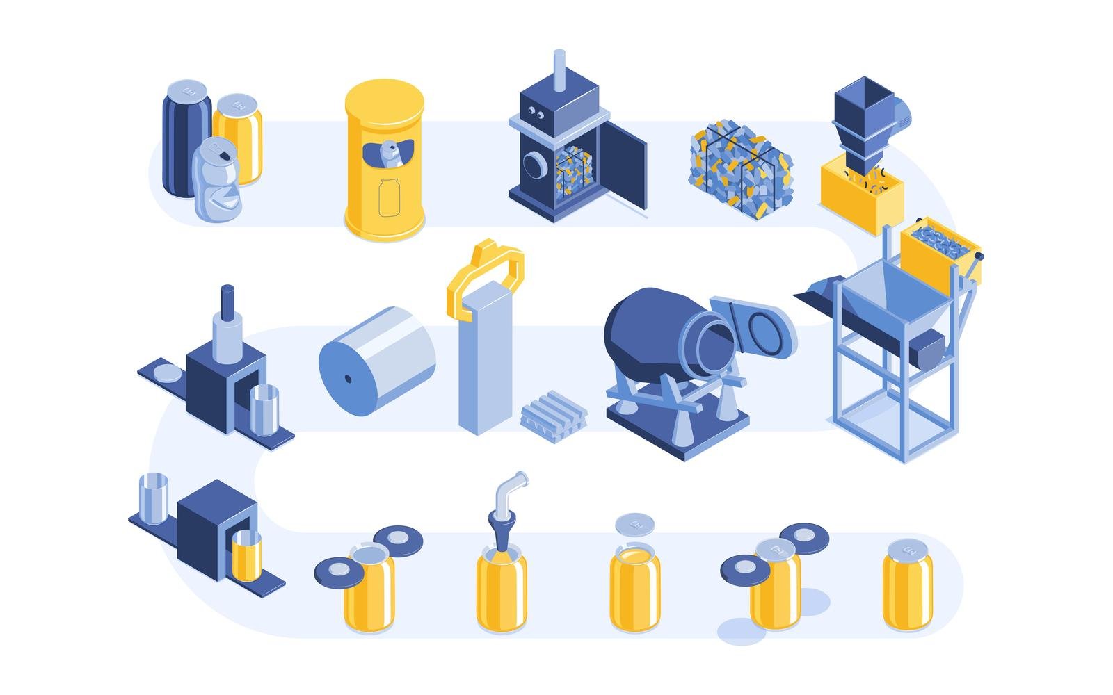 Isometric Process Aluminium Cans Recycled Set 201250408 Vector Illustration Concept