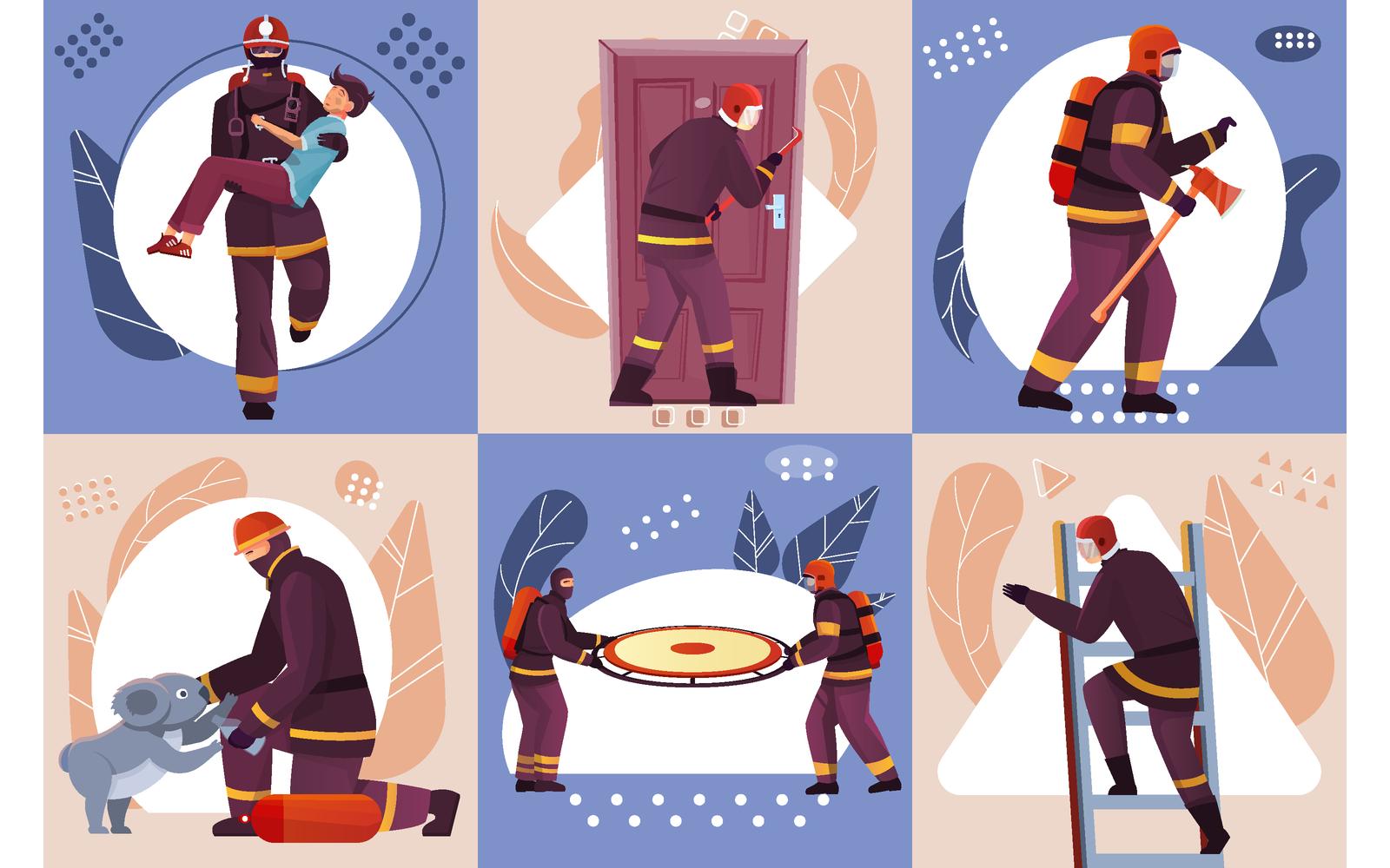 Firefighters Composition Set Flat 210151108 Vector Illustration Concept