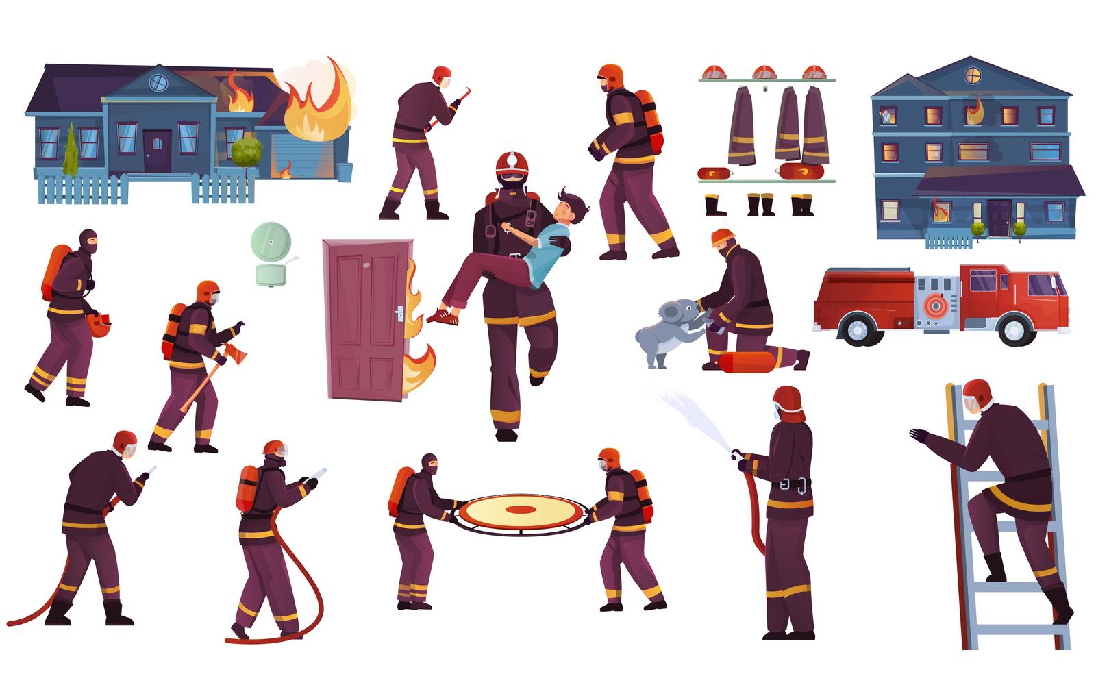 Firefighters Set Flat 210151101 Vector Illustration Concept