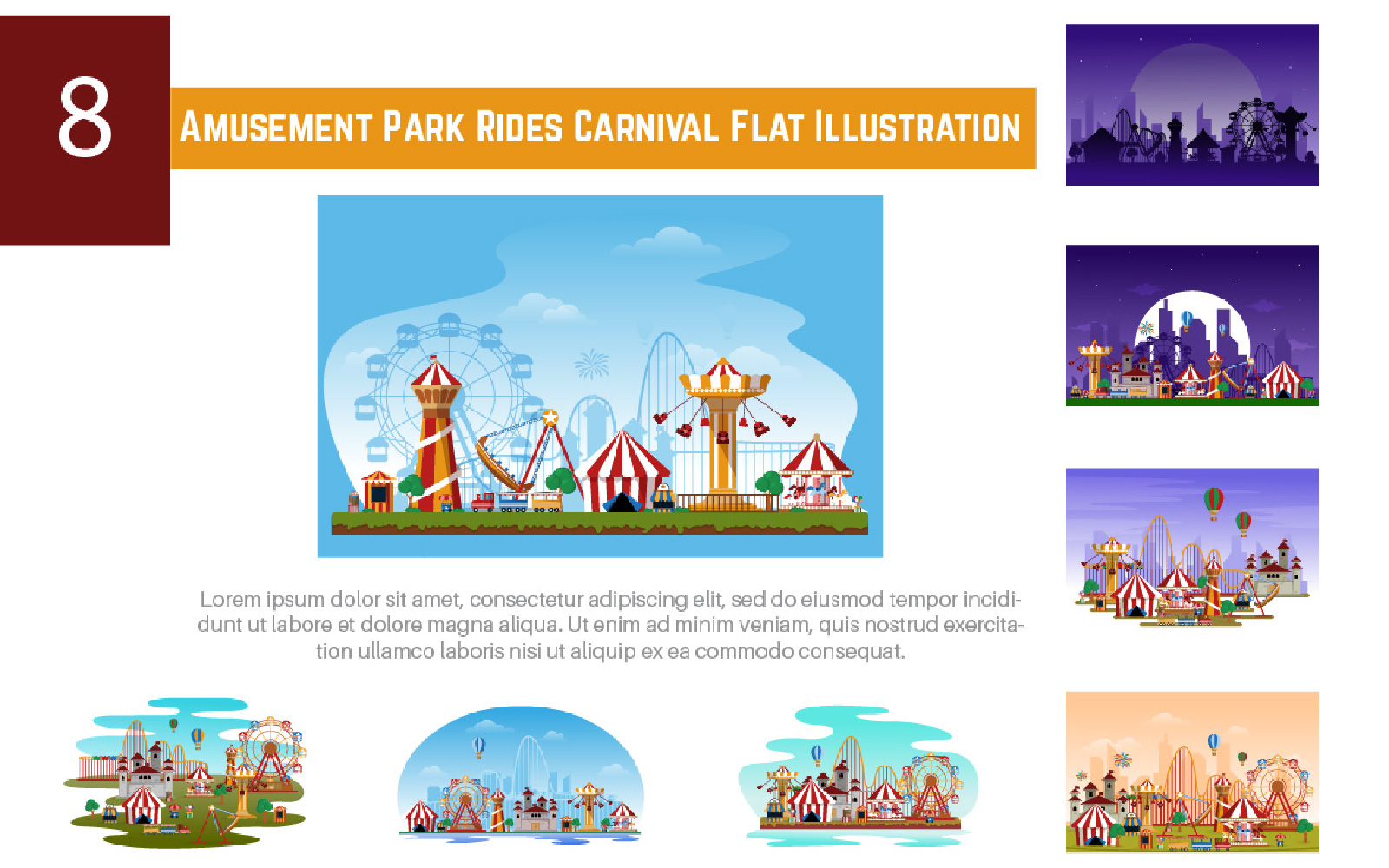 8 Amusement Park Rides Carnival Flat Illustration