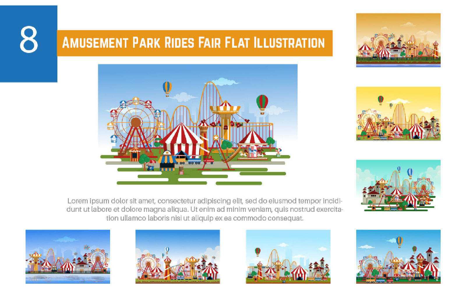 8 Amusement Park Rides Fair Flat Illustration
