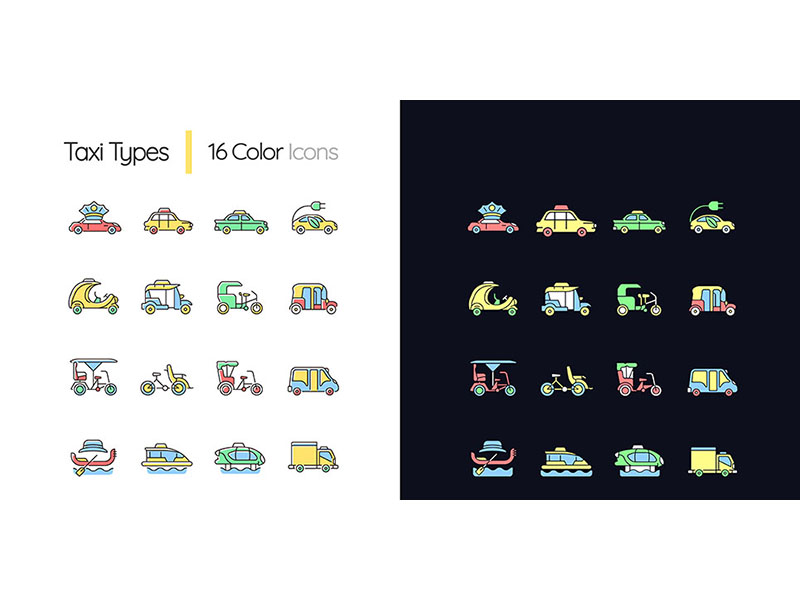 Taxi Types Light And Dark Theme RGB Color Icons Set Vectors
