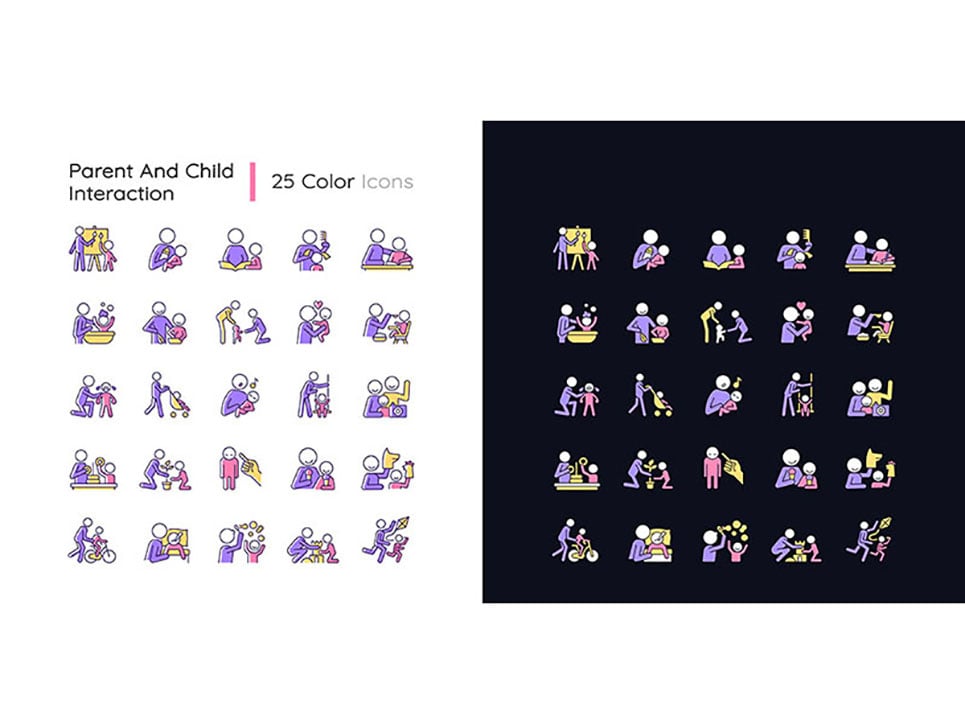 Parent And Child Interaction Light And Dark Theme RGB Color Icons Set