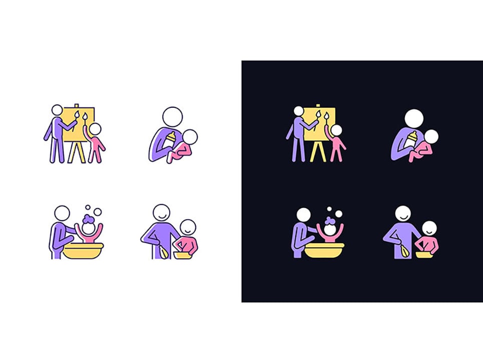 Parent-Child Bonding Light And Dark Theme RGB Color Icons Set