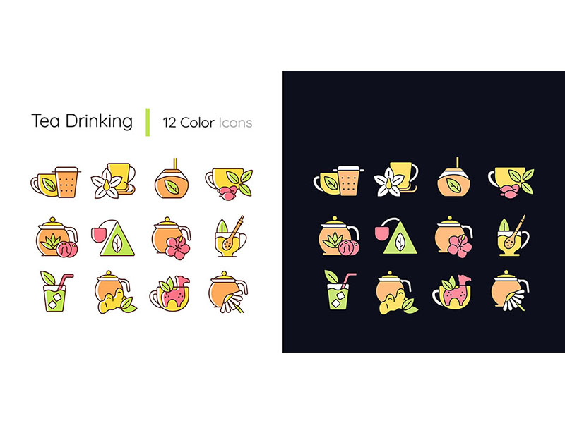 Tea Drinking Related Light And Dark Theme RGB Color Icons Set