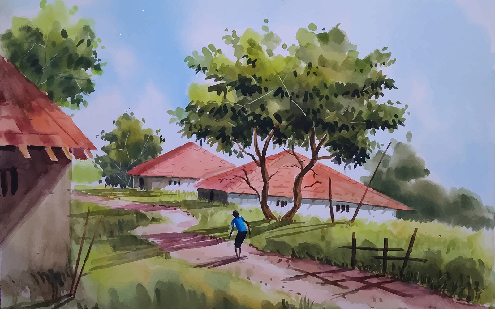 Watercolor a village road side tree with beautiful blue sky hand drawn illustration