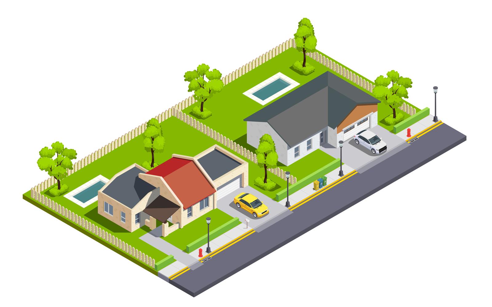 Suburban City Buildings Isometric 200920125 Vector Illustration Concept