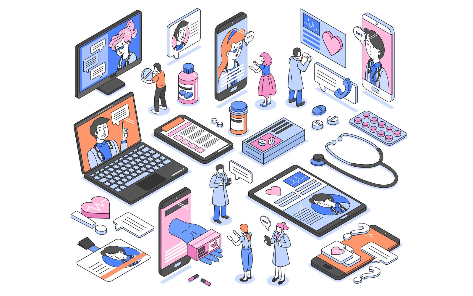 Isometric Online Medicine Set 201012130 Vector Illustration Concept