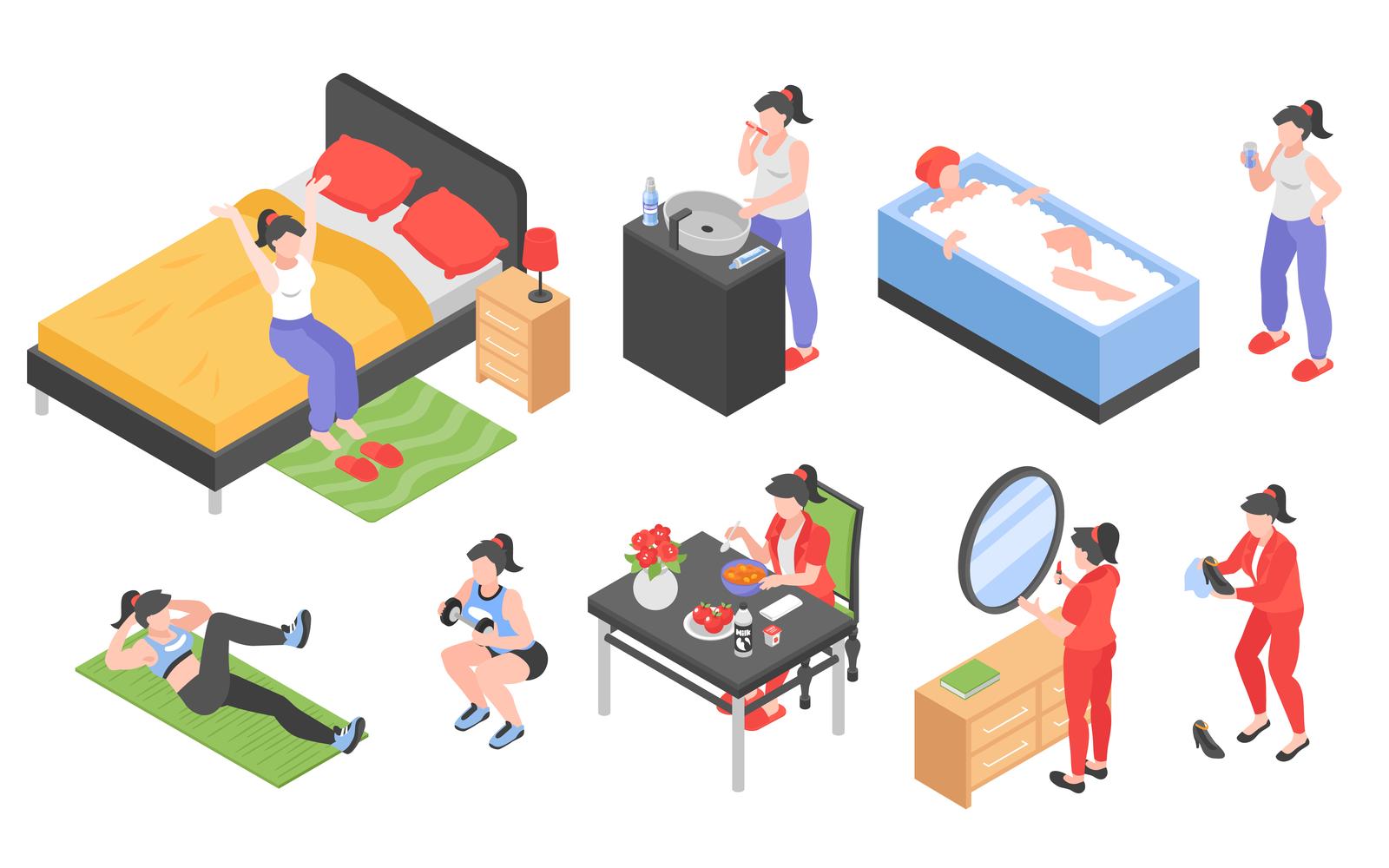 Isometric Morning Routine Women Set 201212124 Vector Illustration Concept