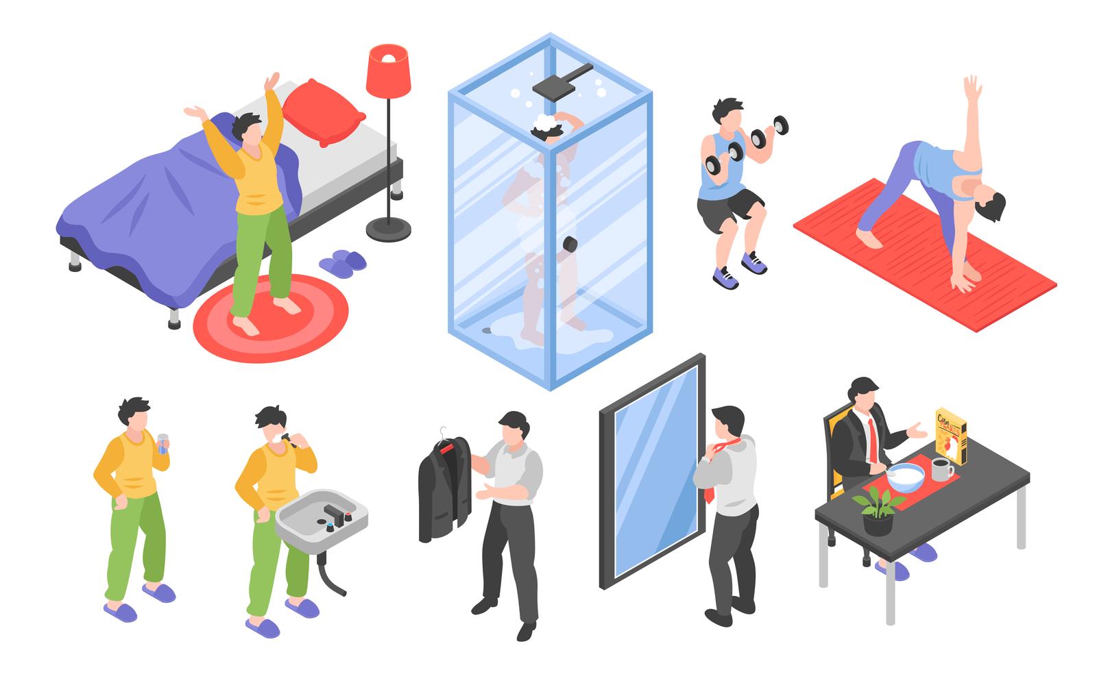 Isometric Morning Routine Men Set 201212123 Vector Illustration Concept