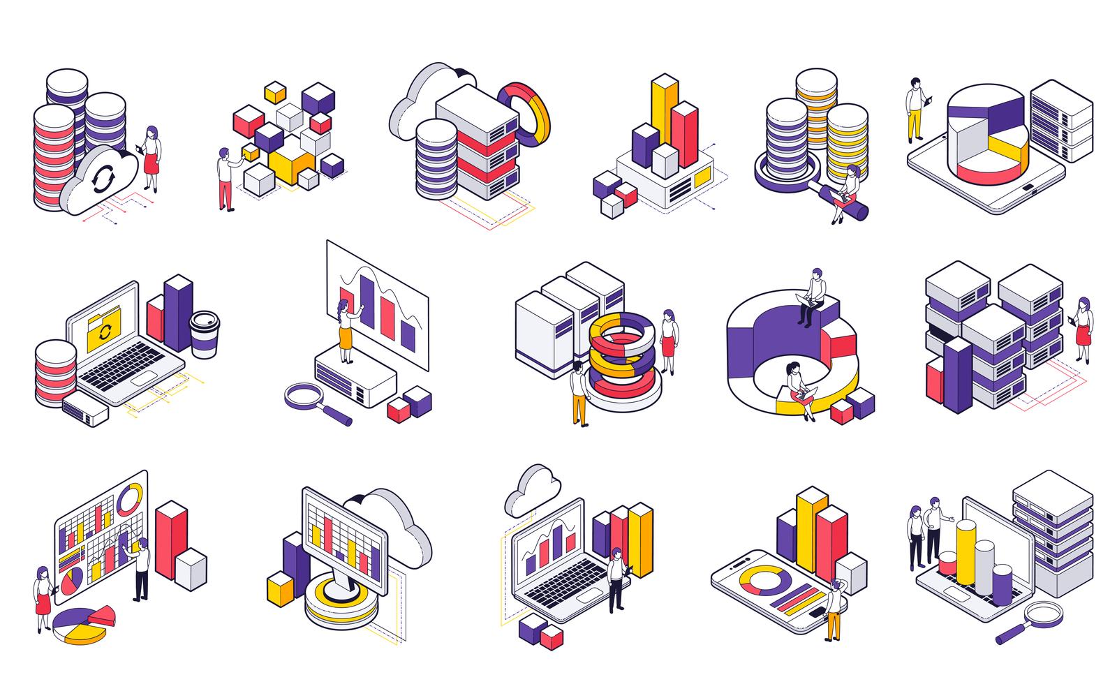 Big Data Science Analysis Isometric Set 201003925 Vector Illustration Concept