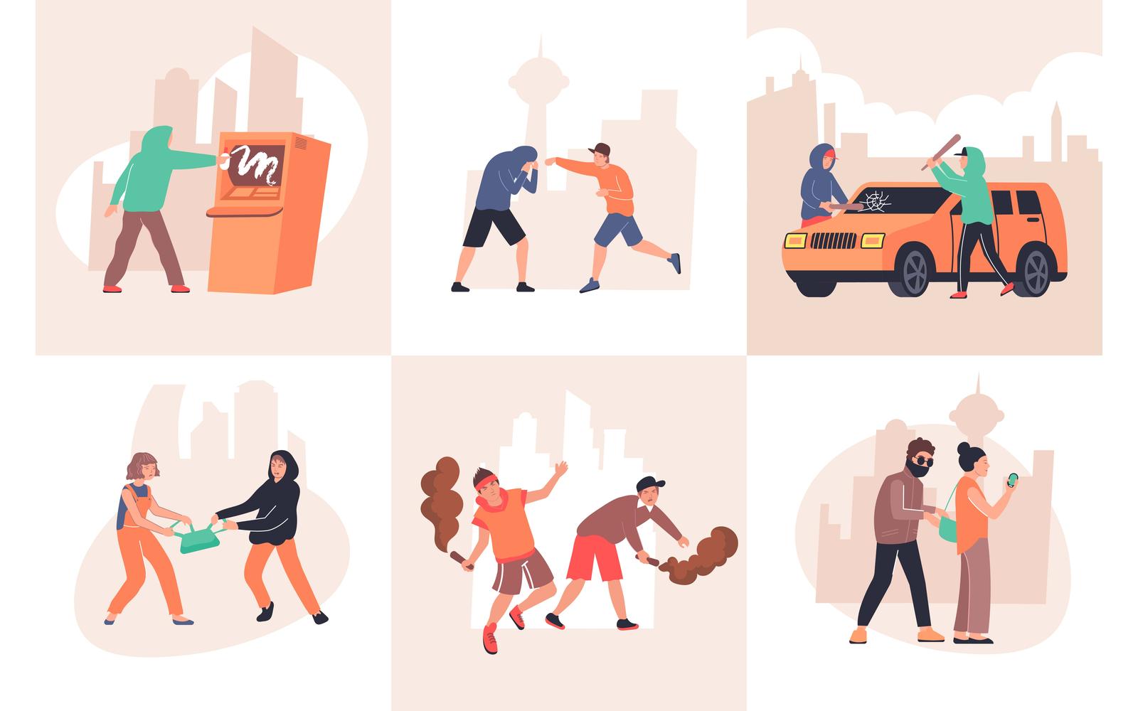 Hooliganism Composition Set Flat 200850612 Vector Illustration Concept