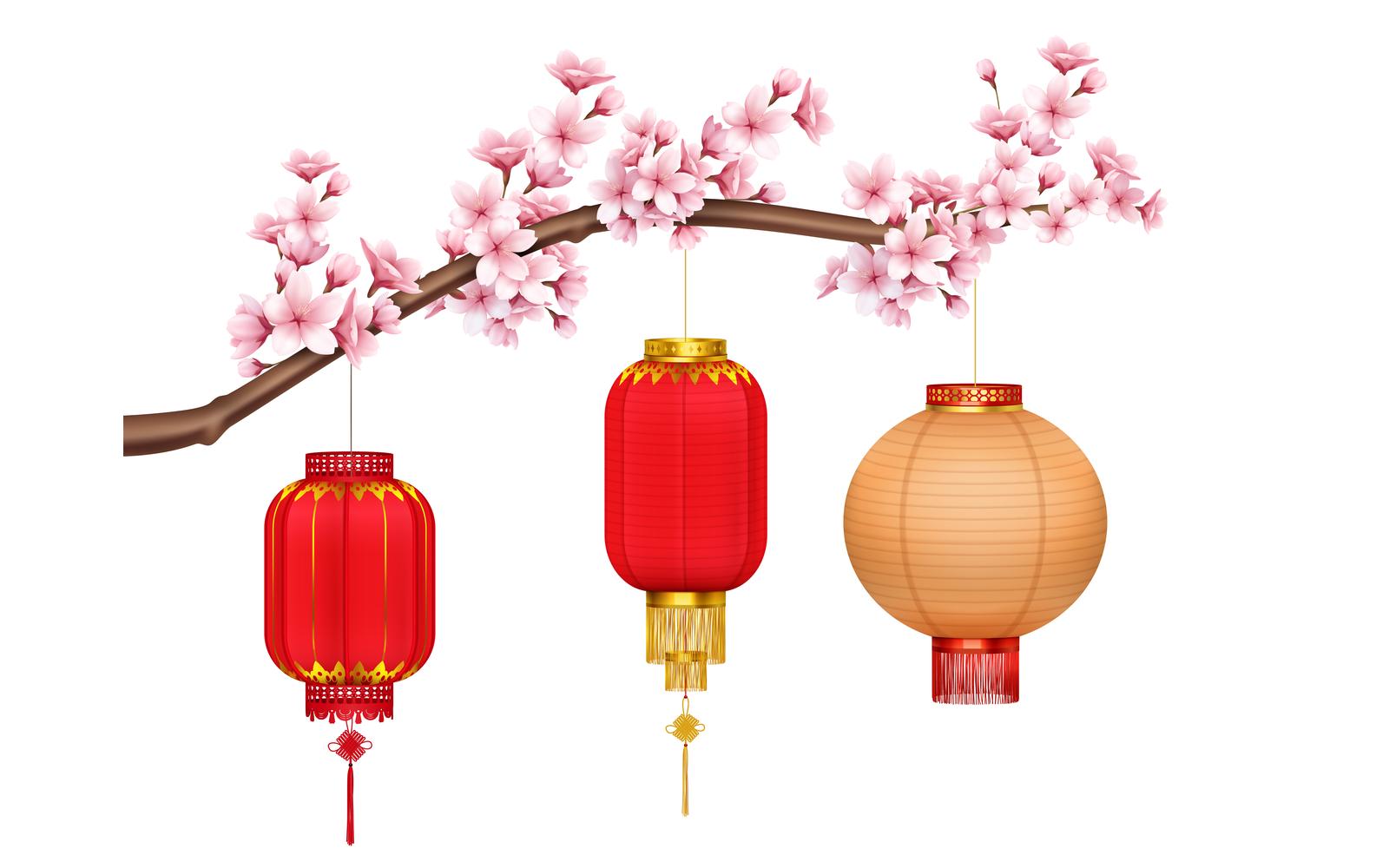 Chinese Lanterns On Sakura Realistic 200221104 Vector Illustration Concept