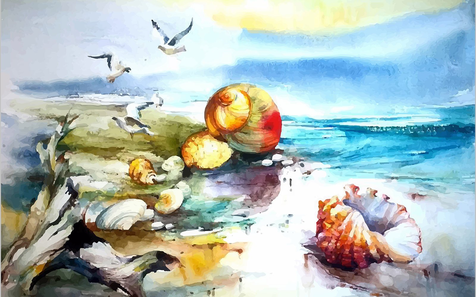 Watercolor birds flying on the sea beautiful scenery  hand drawn illustration