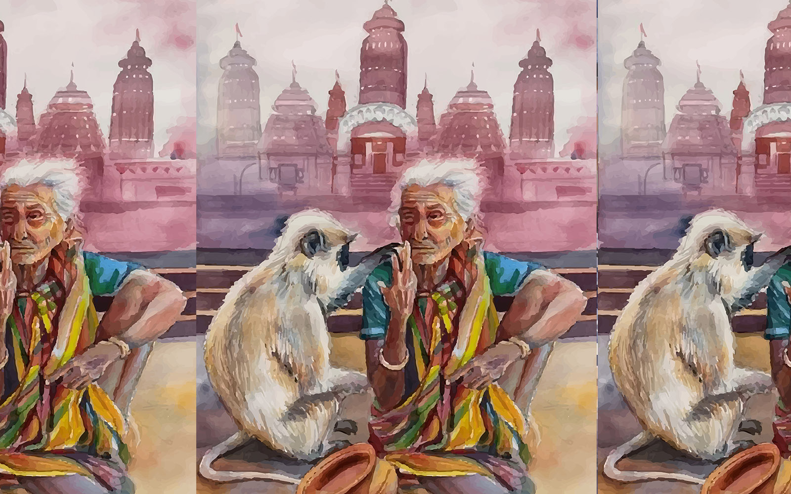 Watercolor A monkey   with Oldwoman lovely beautiful  hand drawn illustration