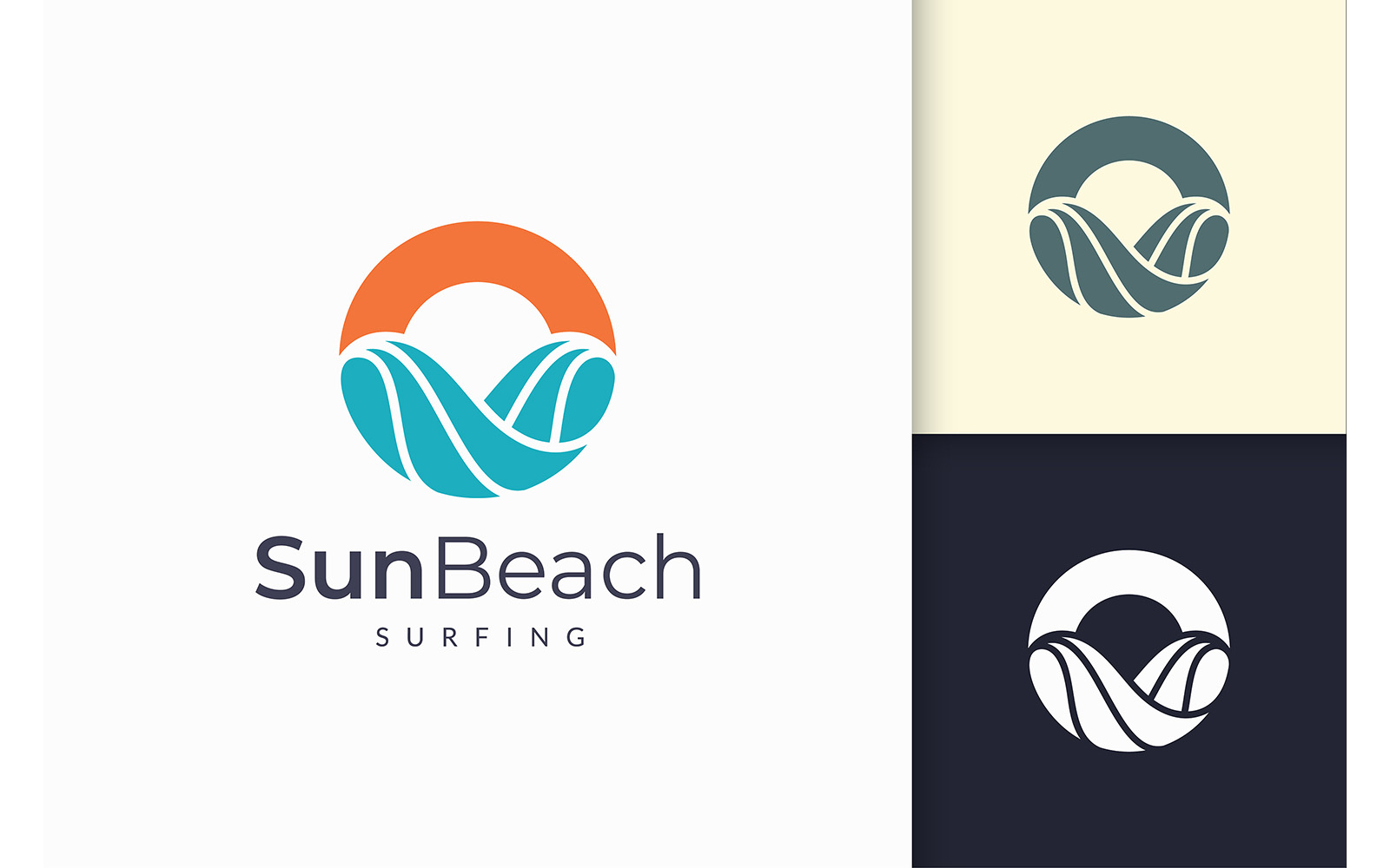 Ocean or Sea Logo in Wave and Sun Represent Adventure and Surf