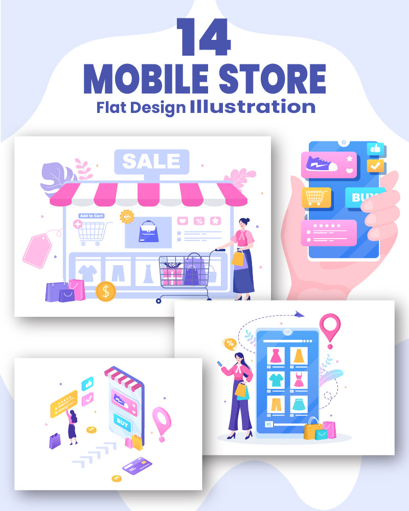 14 Mobile Store or Shopping Online in App Illustration