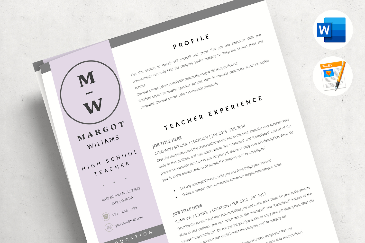 MARGOT - High School Teacher Resume Template for Word & Pages + Cover letter & References