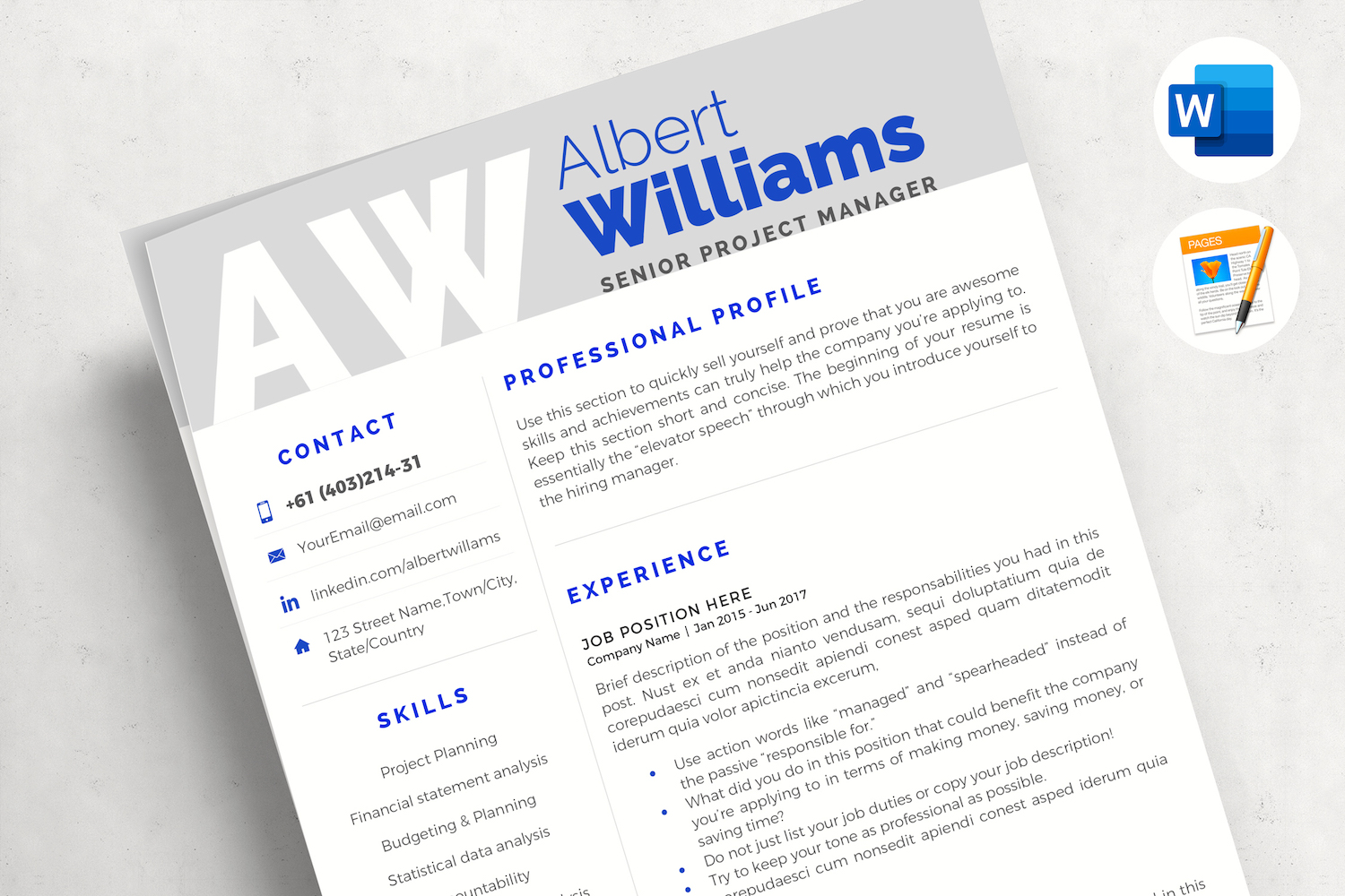 ALBERT - Project Manager Professional Resume Template + Cover Letter. Resume with Initials for Word