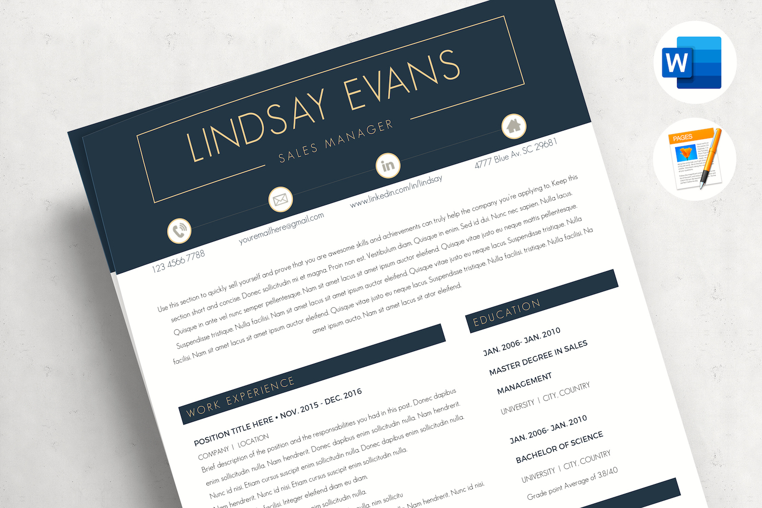LINDSAY - Sales Manager Professional Resume, CV template + Cover Letter template + References Page