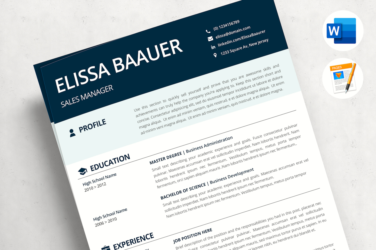 ELISSA - Modern Resume. Professional Biodata template for MS Word & Pages. Sales Manager CV
