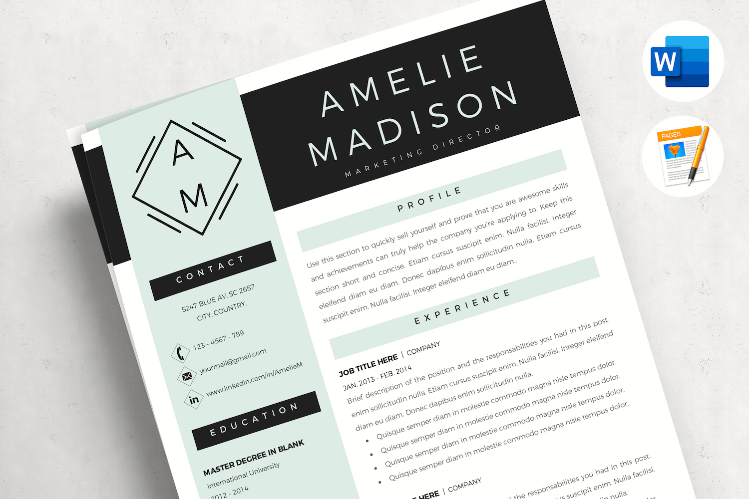 AMELIE - Marketing Resume Template for Word & Pages. CV with Logo, Cover Letter & References
