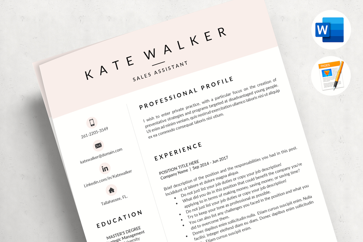 KATE - Professional Resume Template with Cover Letter and References for Administrative Assistant
