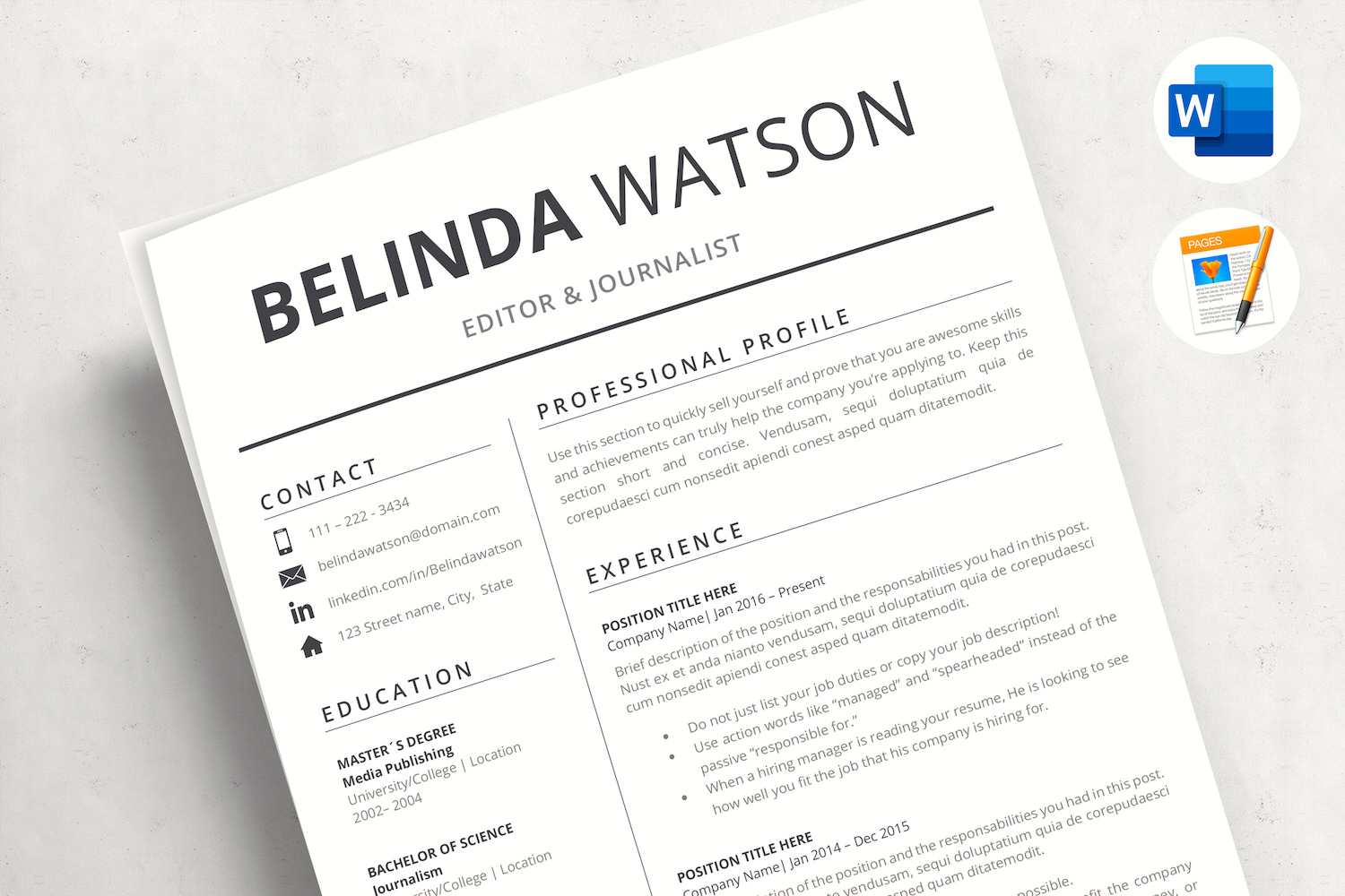 BELINDA - Professional & Modern Resume Format. Downloadable Resume Design, Cover and References