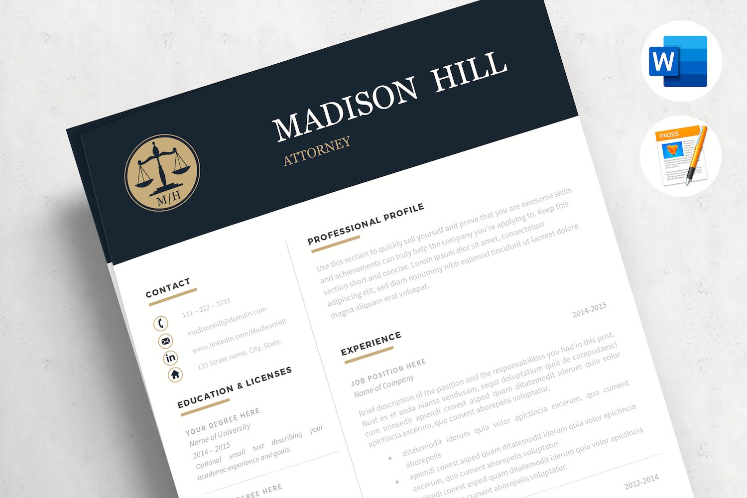 MADISON - Attorney Resume CV. Lawyer Resume Template with Legal Cover Letter, References and Tips