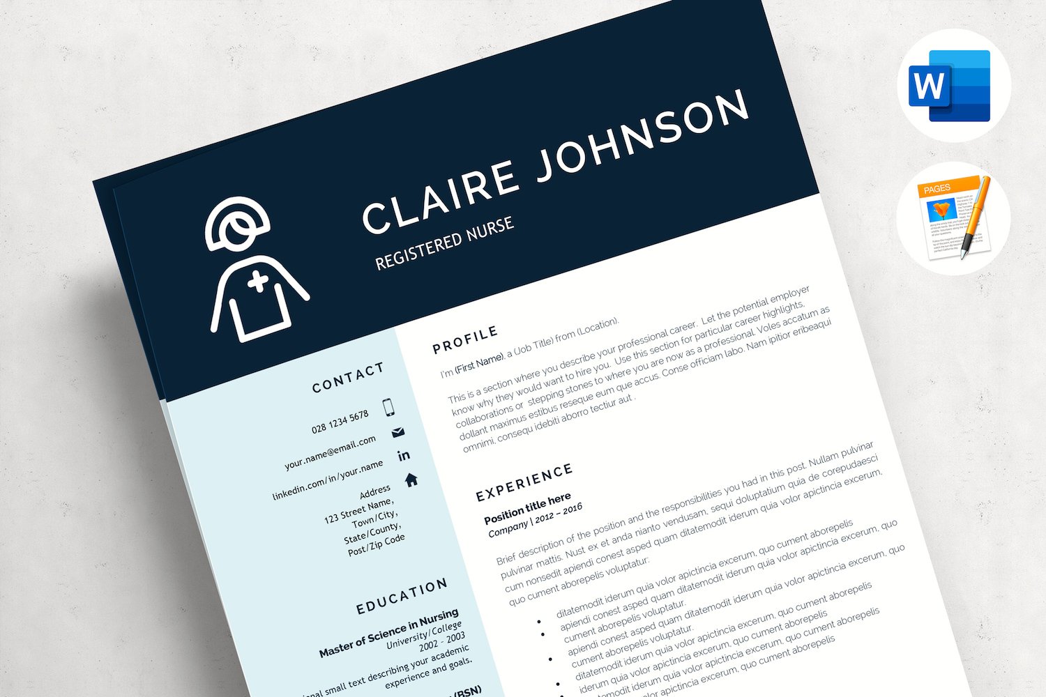 CLAIRE - Nurse Resume Template. New graduate Nurse resume with Cover letter & References