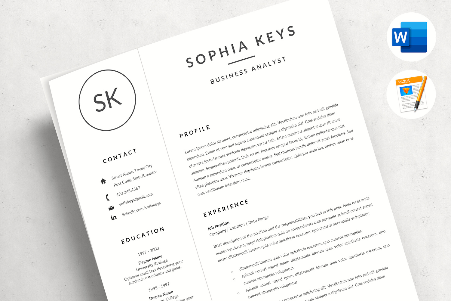 SHOPIE - Minimalist Resume Layout with Logo for MS Word & Pages, Cover, References & icons