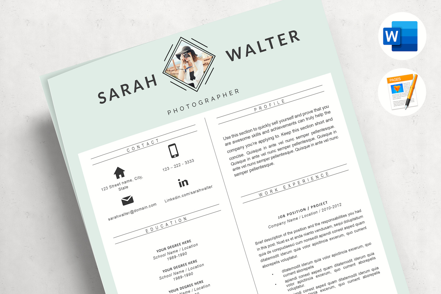 SARAH - Modern and Creative Resume template for Pages and Word with Cover Letter & References