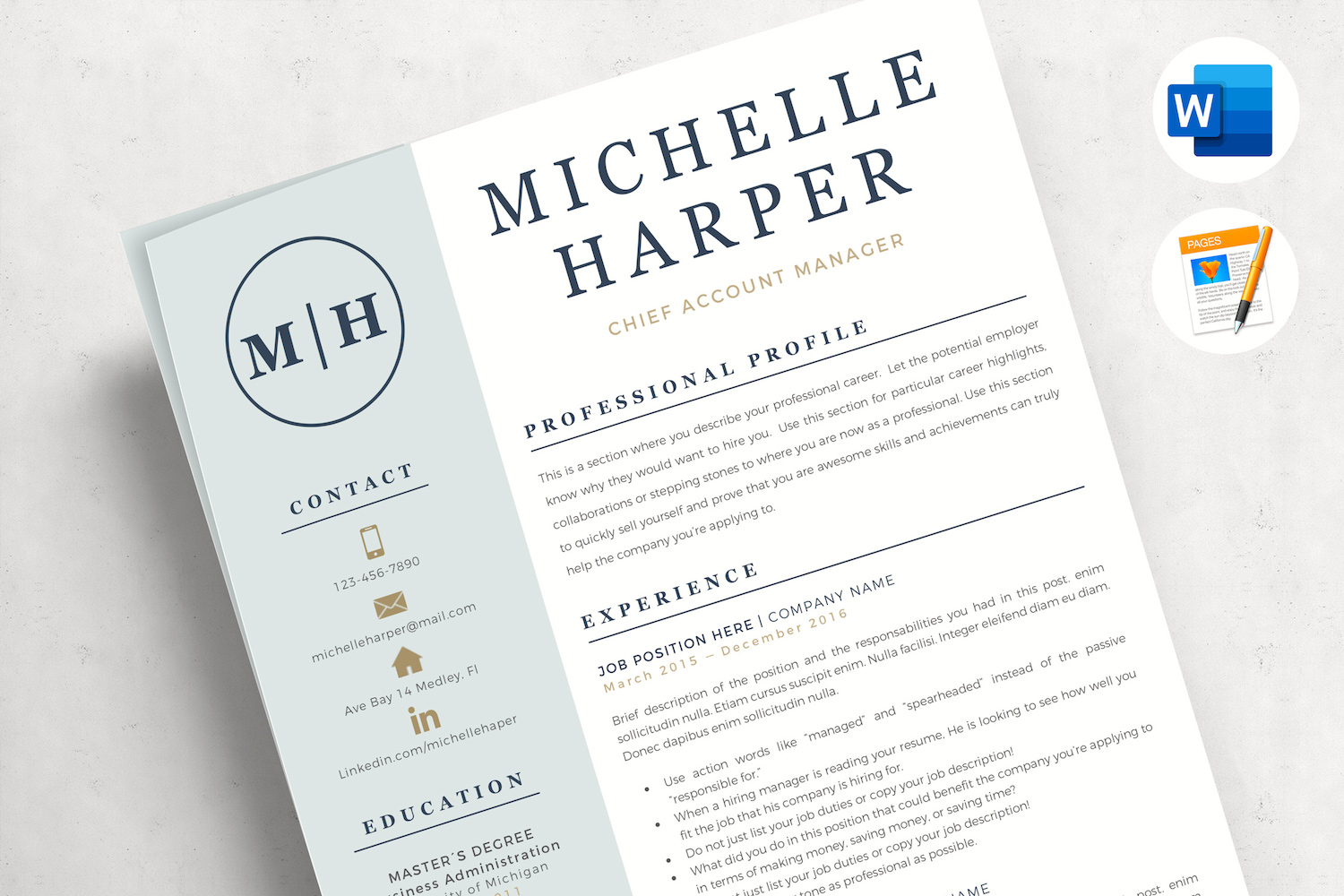 MICHELLE - Professional CV Template with Logo and Modern Cover  Format, References Page and Tips
