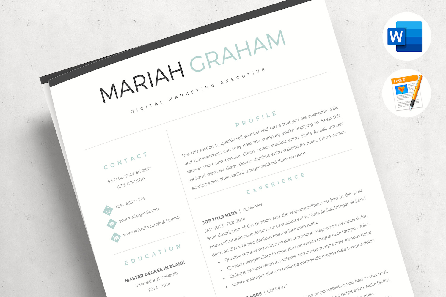 MARIAH - Professional Resume Template & Cover Letter with References Page. Marketing  CV Modern