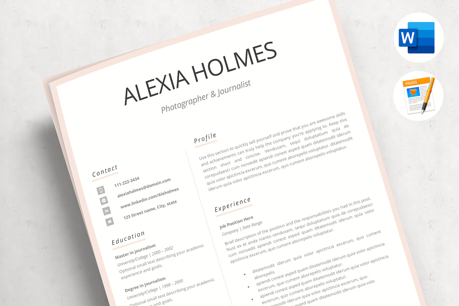 ALEXIA - Modern Resume Design with Cover Letter Example & References. CV for MS Word & Pages