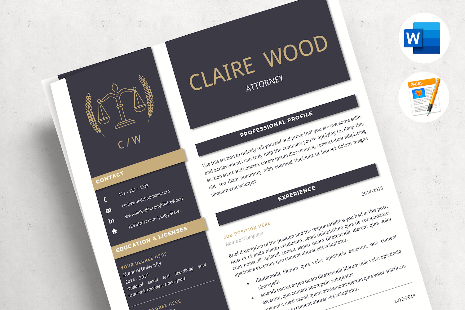 CLAIRE - Lawyer Resume for MS Word and Pages. Attorney Resume with Cover, References & icons