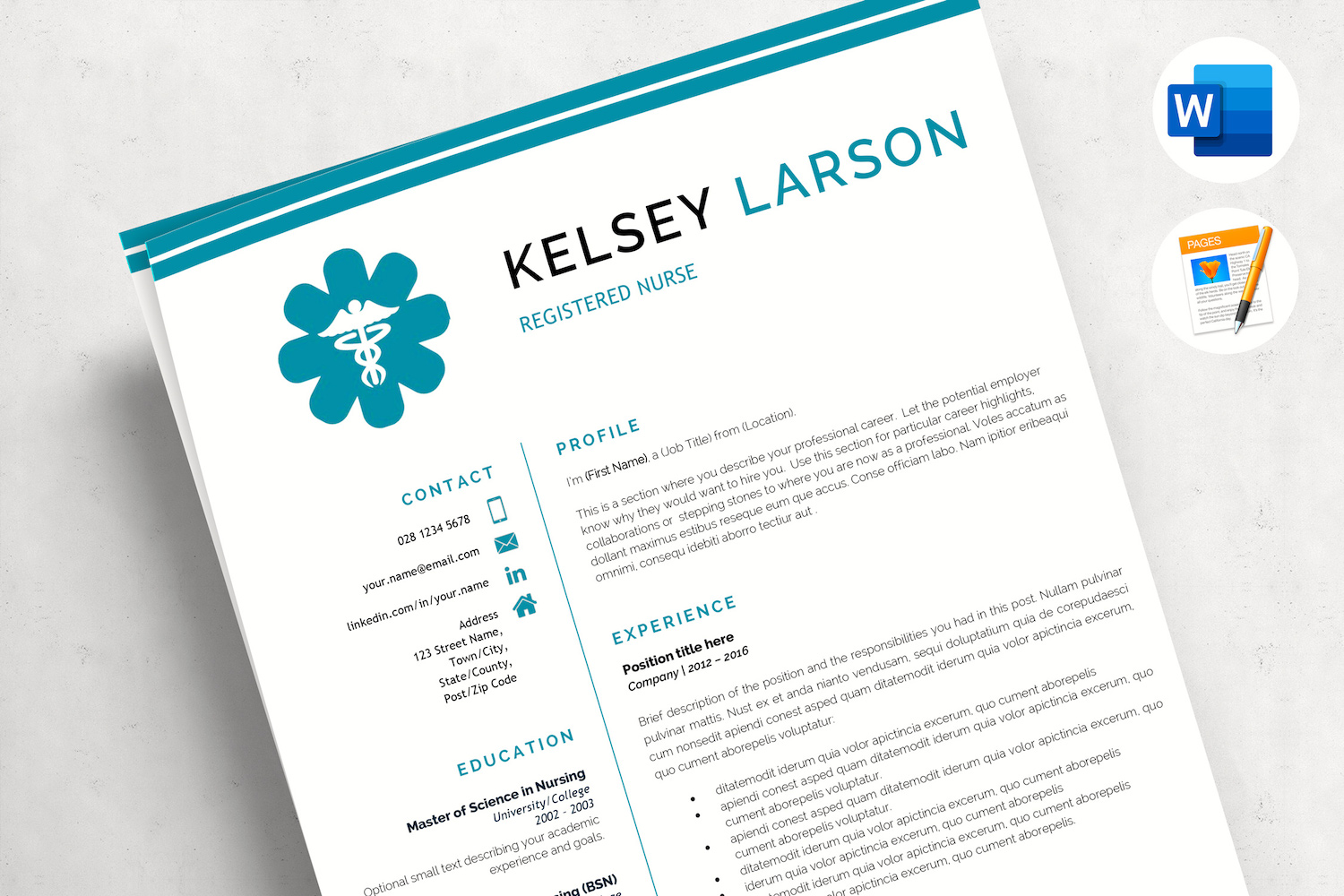 KELSEY - Nurse Resume Template. Pharmacy Resume for Word and Pages with Cover Letter and References