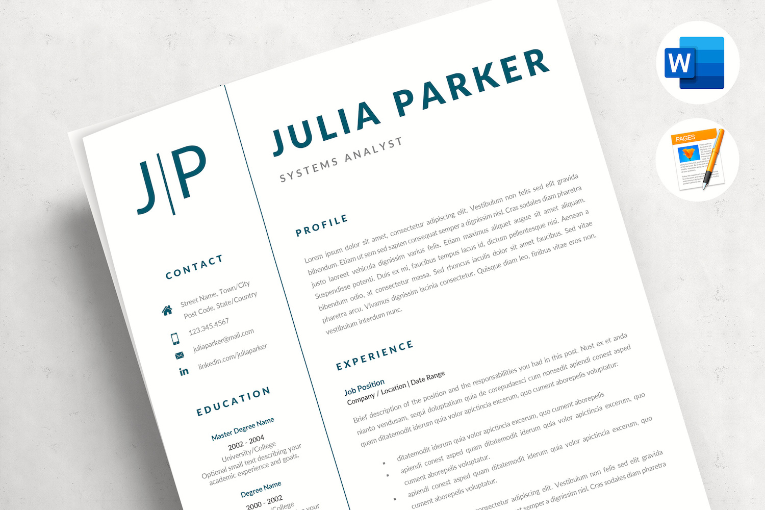 JULIA - Resume Template with Cover, References and Professional CV format for Word & Pages