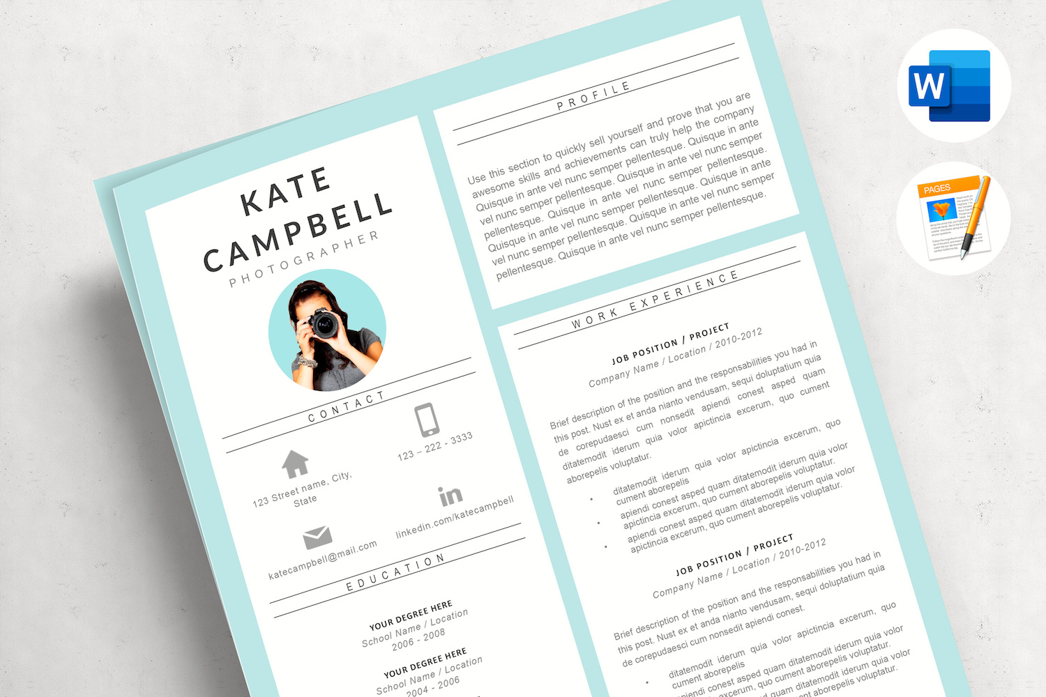 KATE - Creative CV design & Matching Cover Letter and References. Free Resume Writing guide