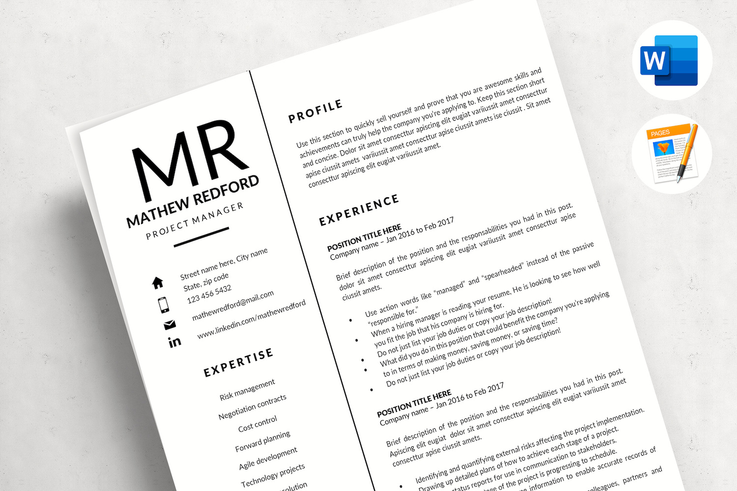 MATHEW - Minimalist Resume Template for Word & Pages. Project Manager Resume & Cover Letter