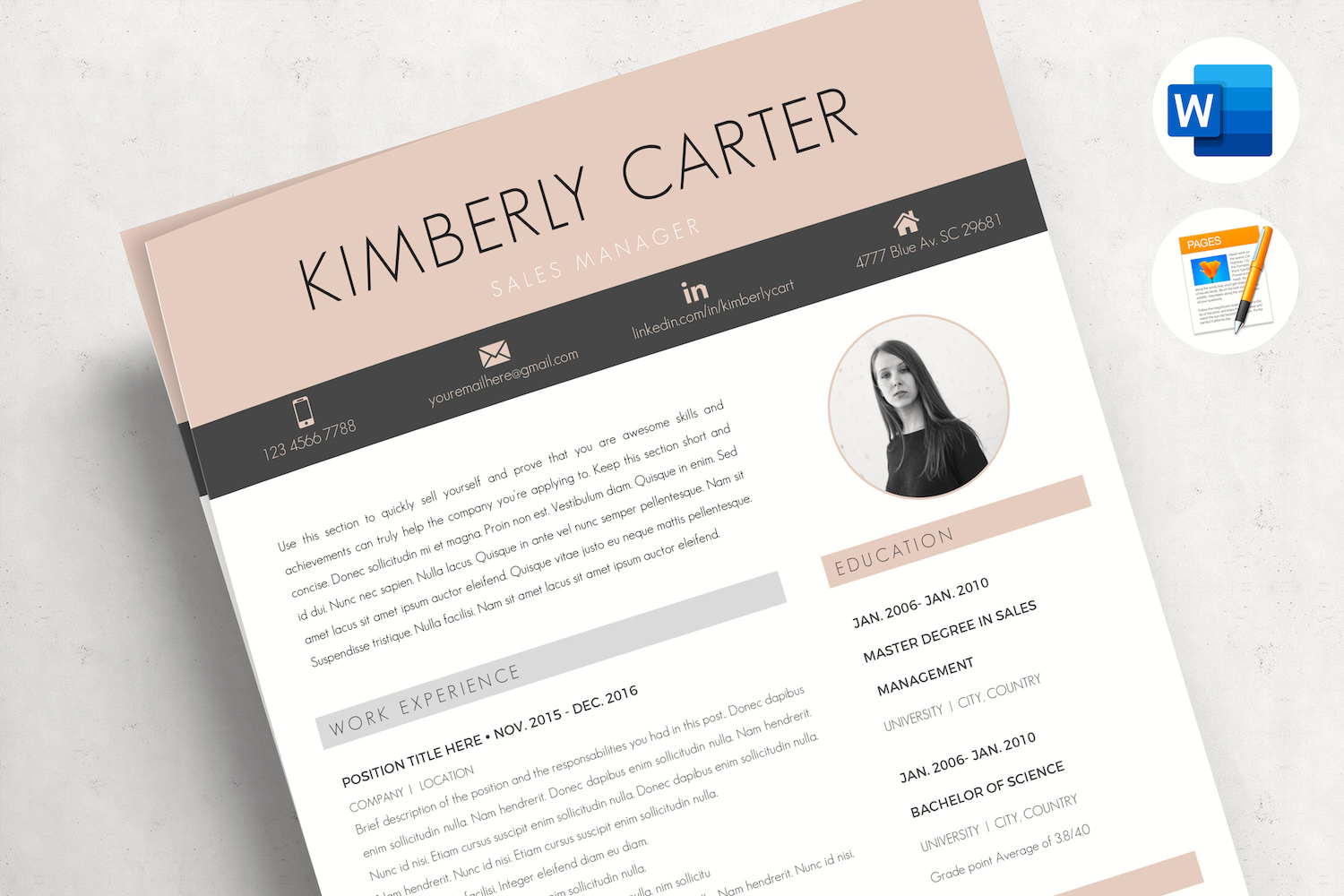 KIMBERLY - Modern CV template with photo for Sales Manager. CV Format with Cover and References