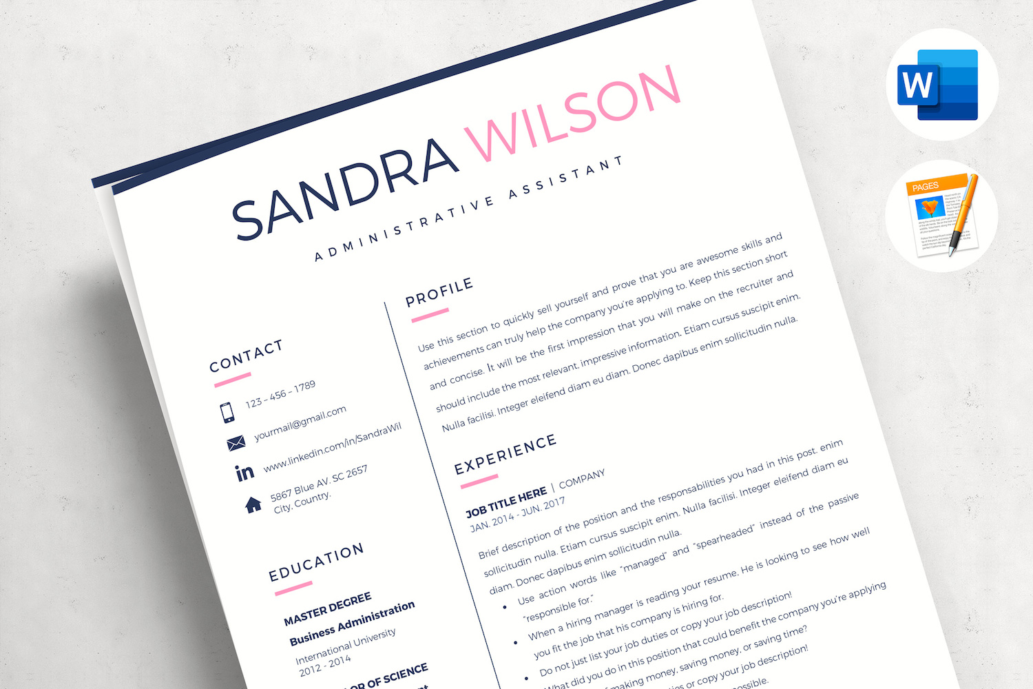 SANDRA P. - Creative Resume Template Bundle for Word and Pages. 2 & 3 Page Resume, CV with Cover