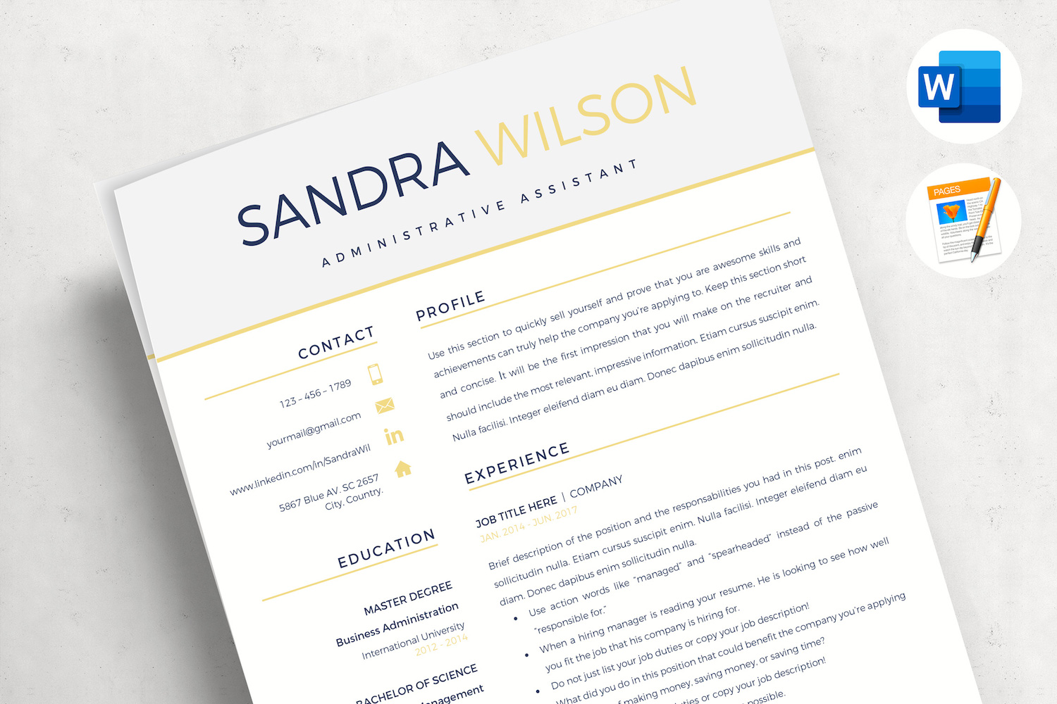 SANDRA Y. - Modern Resume Template Bundle for Word and Pages. 2 & 3 Page Resume, CV with Cover