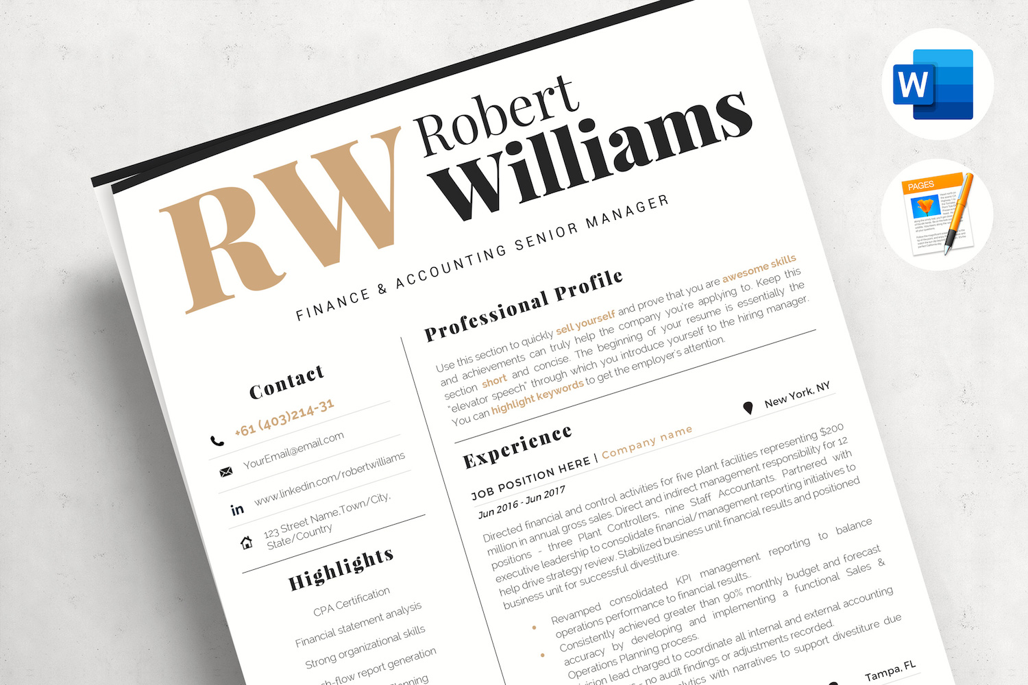 ROBERT - Accountant Sales Resume Format with Cover Letter & References for MS Word and Mac Pages