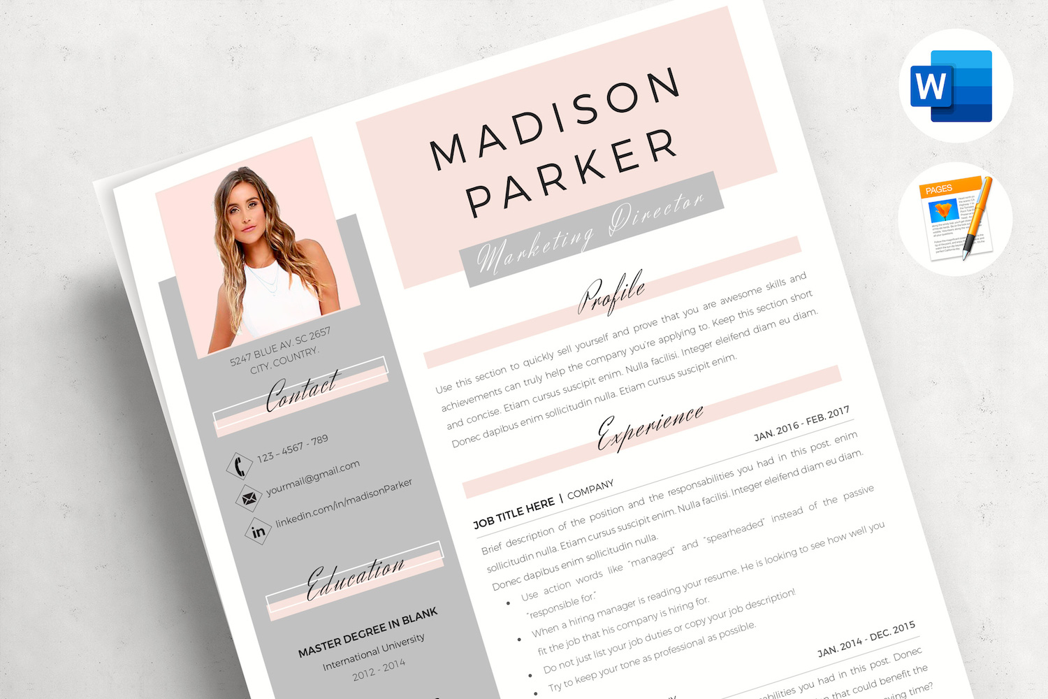 MADISON - Creative Resume Template for MS Word & Pages. Resume Design with Cover and References