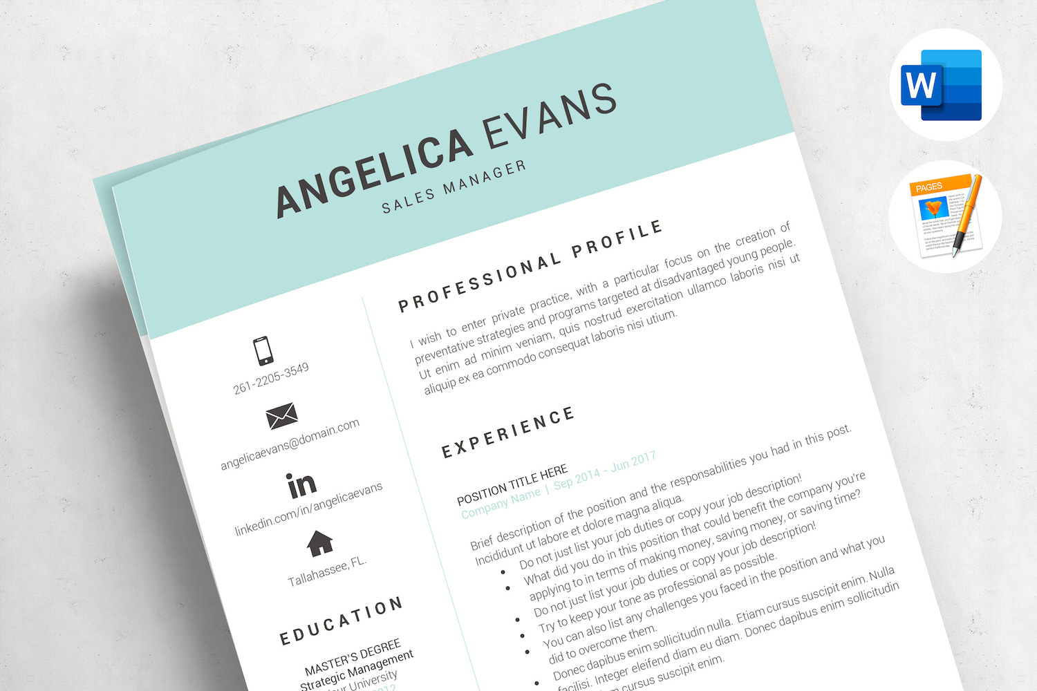 ANGELICA - Sales Resume for MS Word and Mac Pages and matching cover letter & references